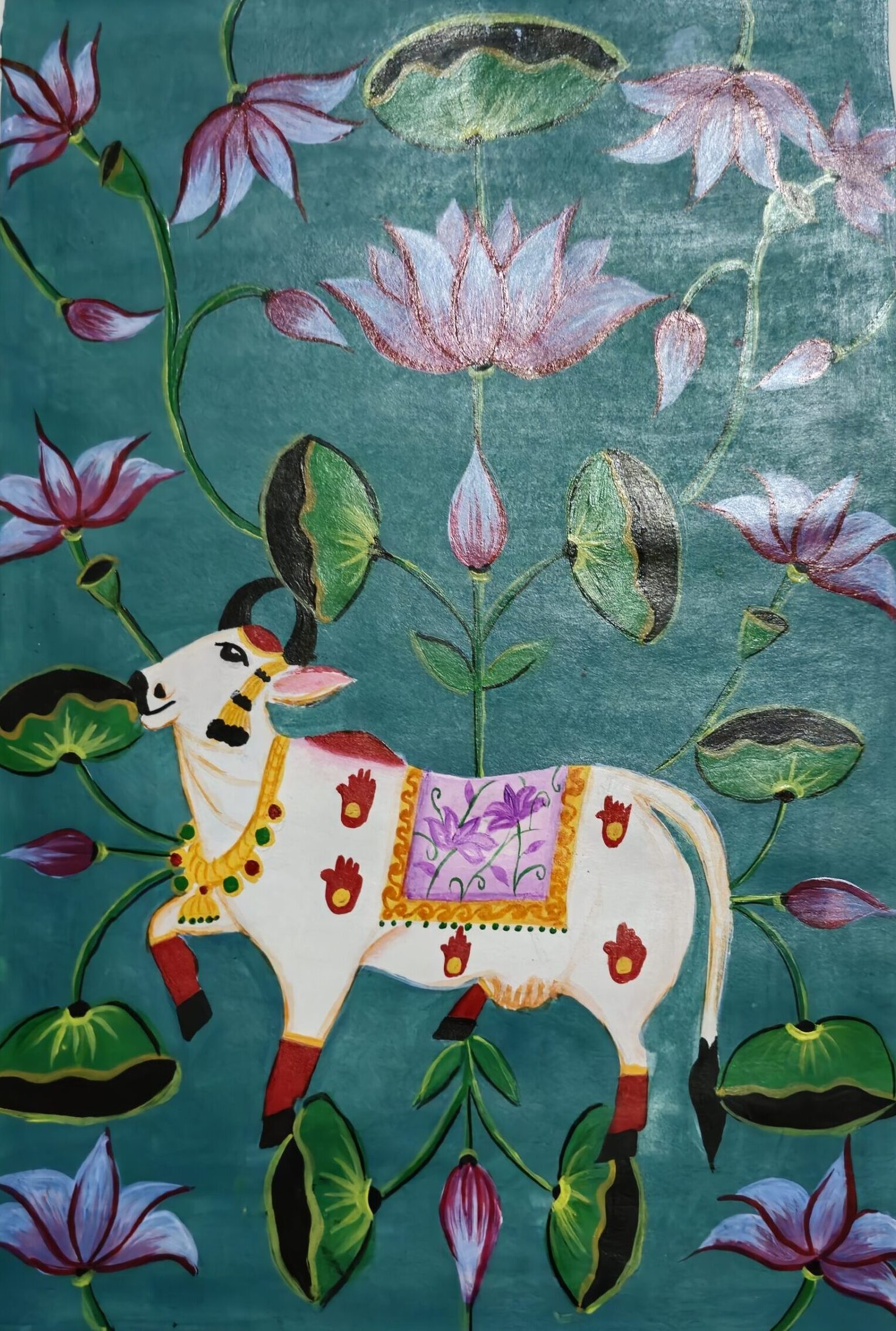 Divine Kamdhenu Cow with Lotus Blooms